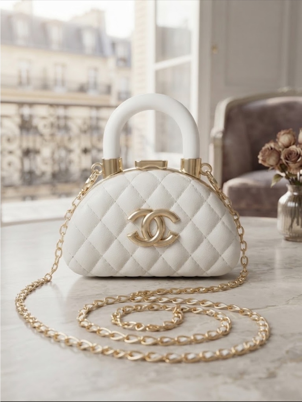 Brand New !! White Quilted Dome Top-Handle Mini mirror bag with Gold Hardware